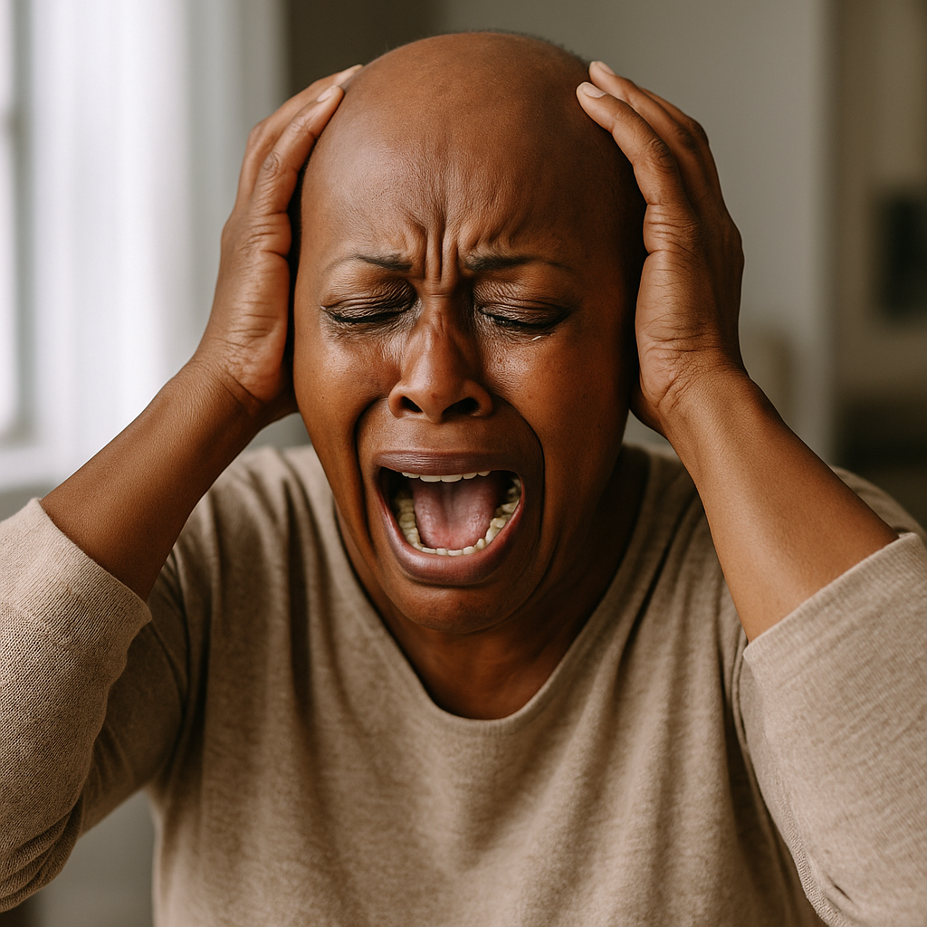 Mulher negra de 40+ anos, visivelmente abalada e careca, gritando com as mãos na cabeça, representando o desespero silencioso da queda capilar feminina.