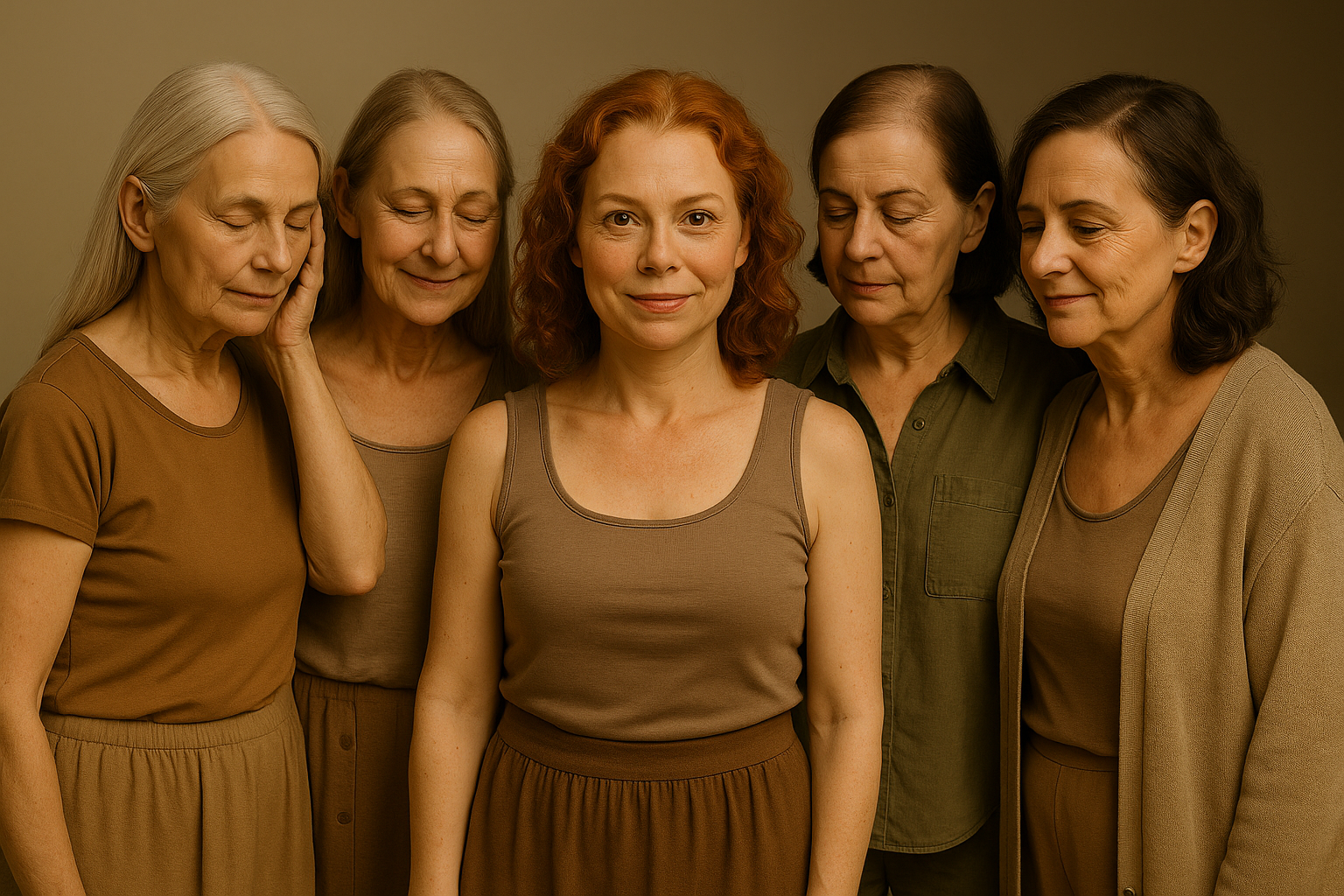 Cinco mulheres maduras, com diferentes tipos de cabelo e sinais visíveis de queda capilar, em posição de apoio mútuo e acolhimento, representando a diversidade e a sororidade entre mulheres que enfrentam a perda de cabelo.