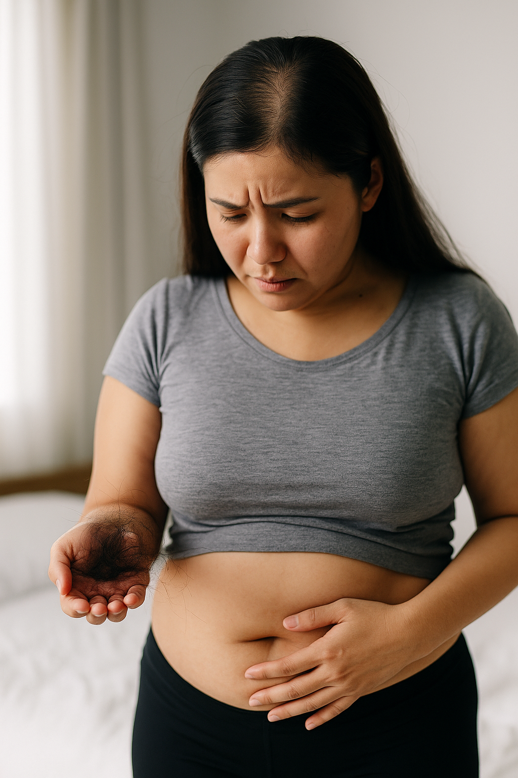 Mulher jovem em pós-operatório de cirurgia bariátrica, com sinais visíveis de perda de peso e queda de cabelo, ilustrando a relação entre bariátrica e queda capilar