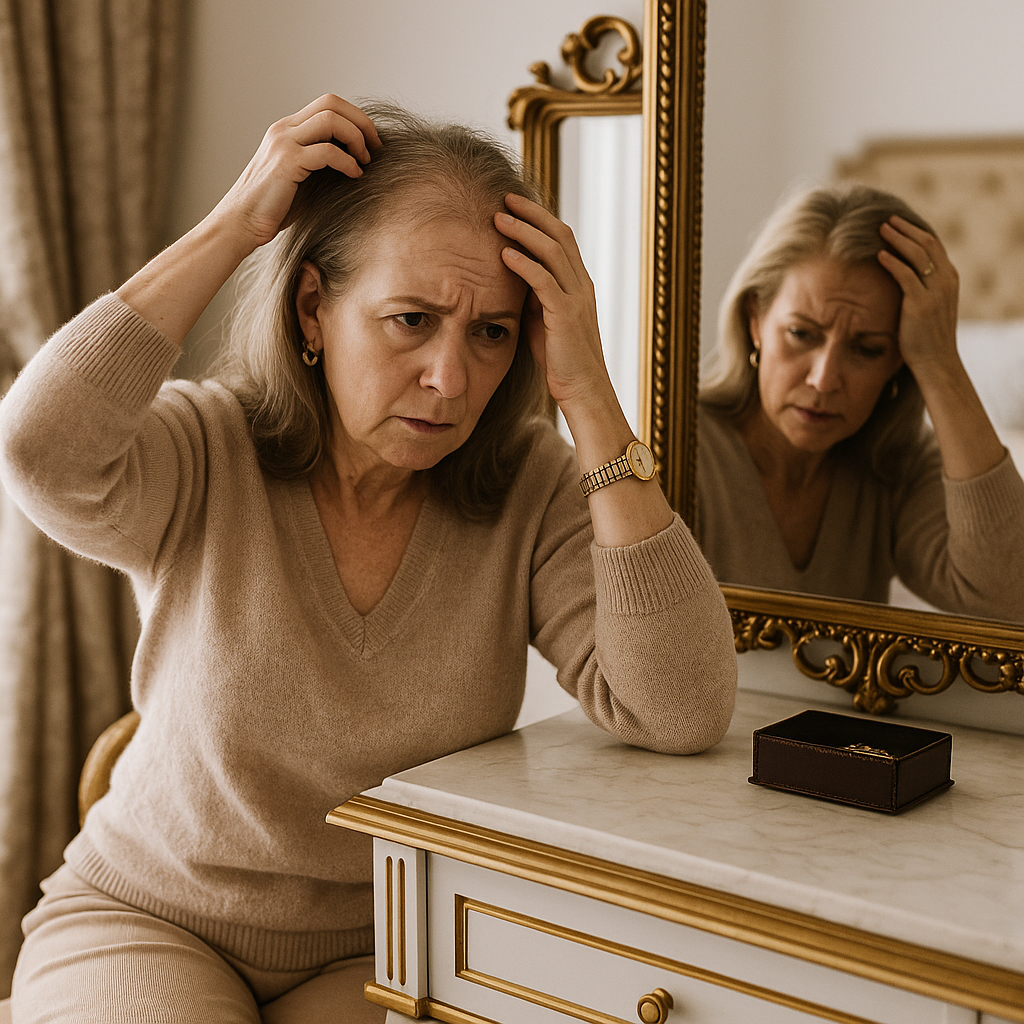 Mulher rica de 50+, exausta diante do espelho, com queda de cabelo visível, simbolizando a sobrecarga feminina e a perda de identidade capilar