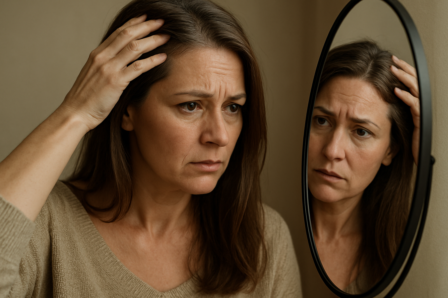 Mulher olhando seu reflexo no espelho com expressão preocupada, tocando seus cabelos, refletindo sobre a queda capilar e os impactos emocionais dessa situação.