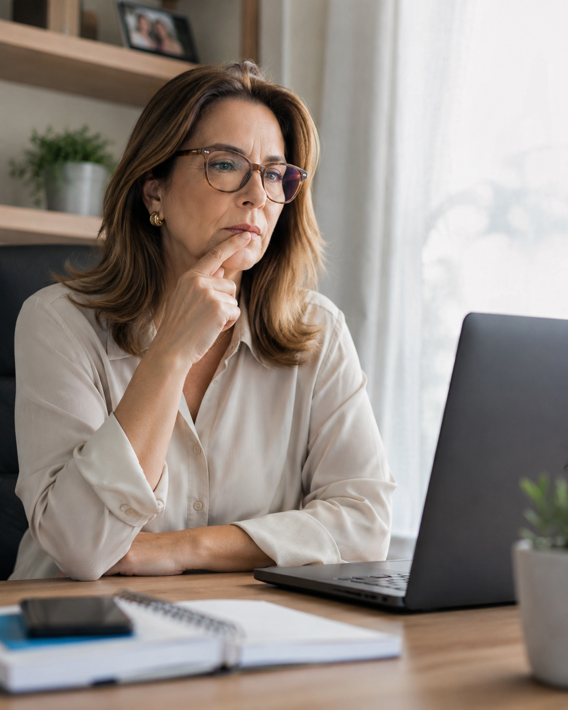 Mulher na menopausa com dificuldade de concentração e névoa mental sentada à mesa de trabalho