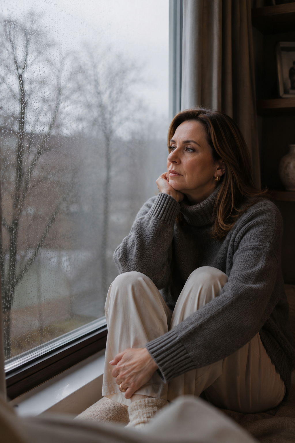 Mulher madura refletindo sobre mudanças emocionais na menopausa e impacto nos relacionamentos
