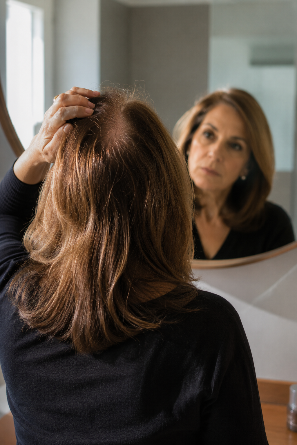 Mulher na menopausa olhando no espelho refletindo sobre queda de cabelo e impacto na autoestima