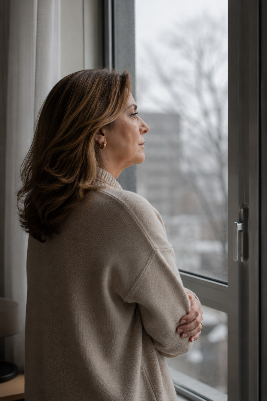 Mulher madura na menopausa olhando pela janela refletindo sobre identidade e mudanças do corpo