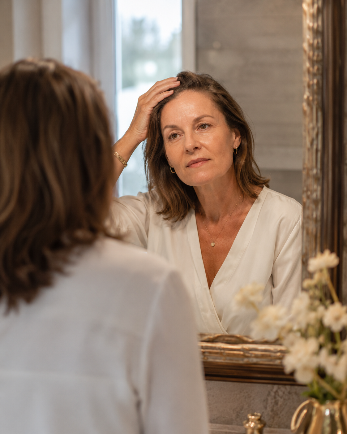 Mulher madura olhando no espelho refletindo sobre queda de cabelo na menopausa