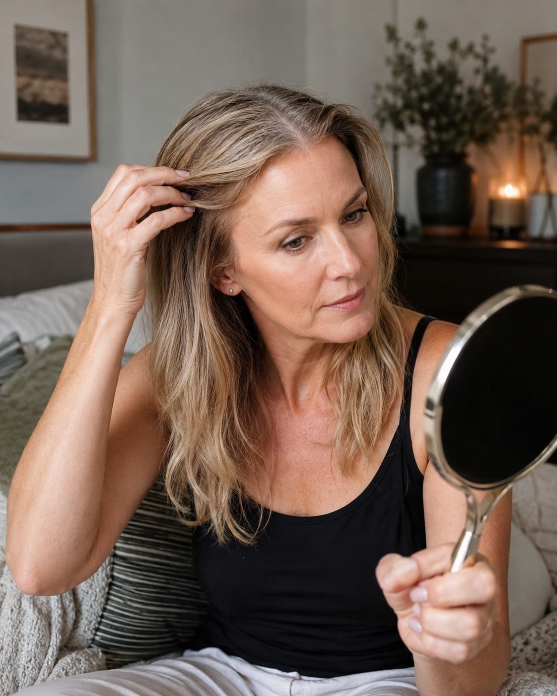 Mulher na perimenopausa observando mudança no cabelo com fios afinando