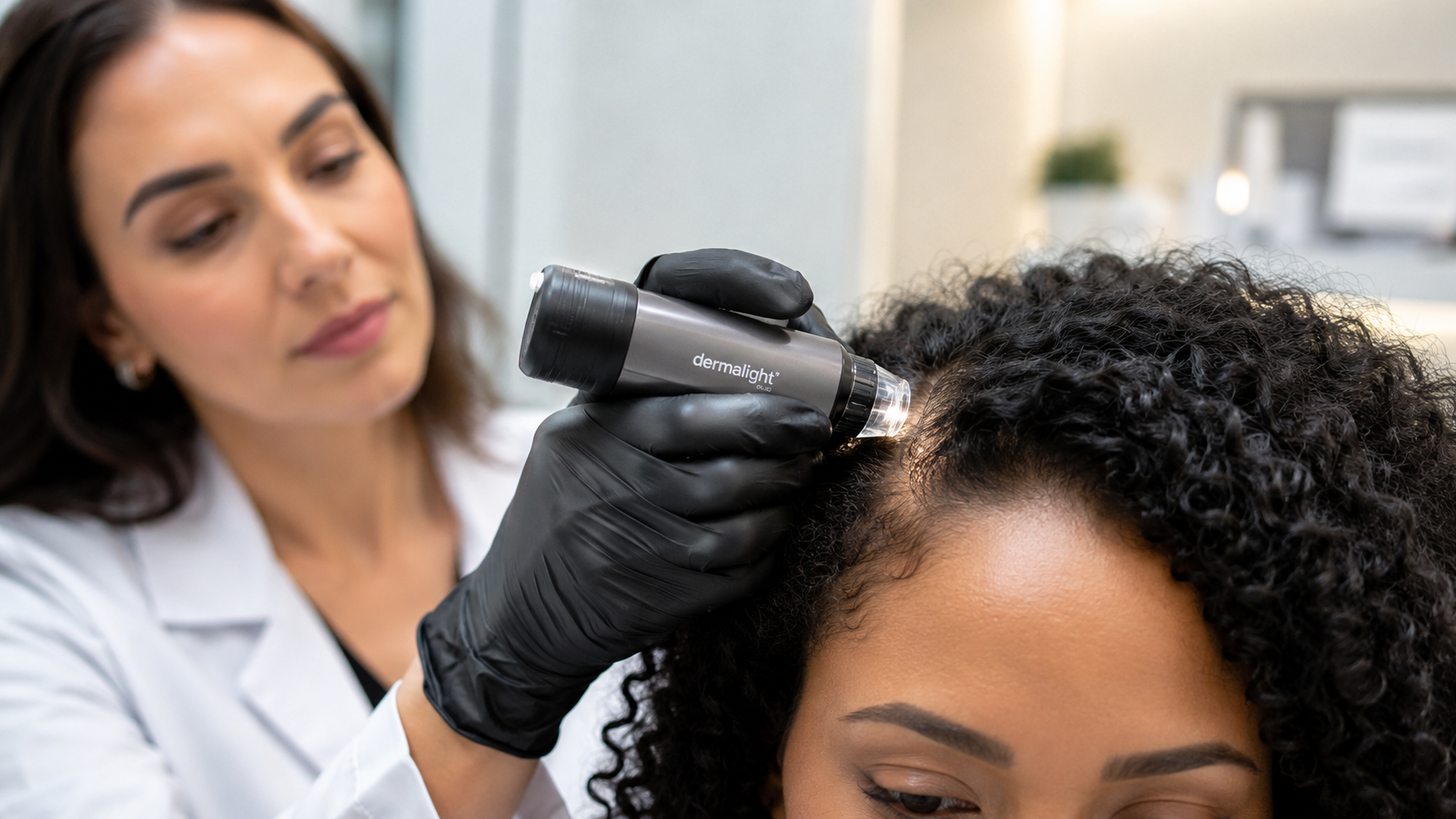 Médica tricologista realizando tricoscopia digital em paciente para diagnóstico capilar