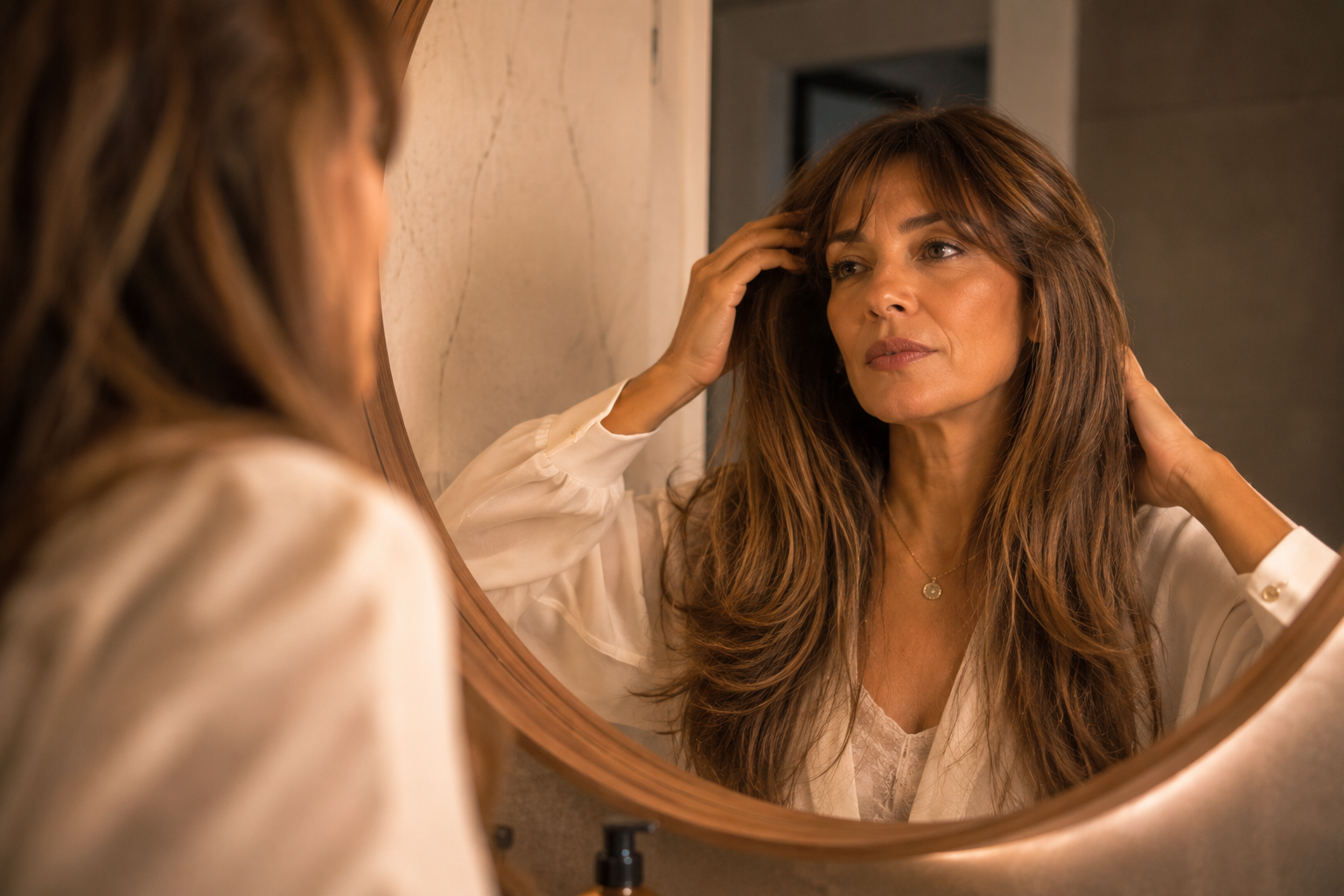 Mulher na menopausa olhando no espelho refletindo sobre cabelo, sexualidade e identidade feminina