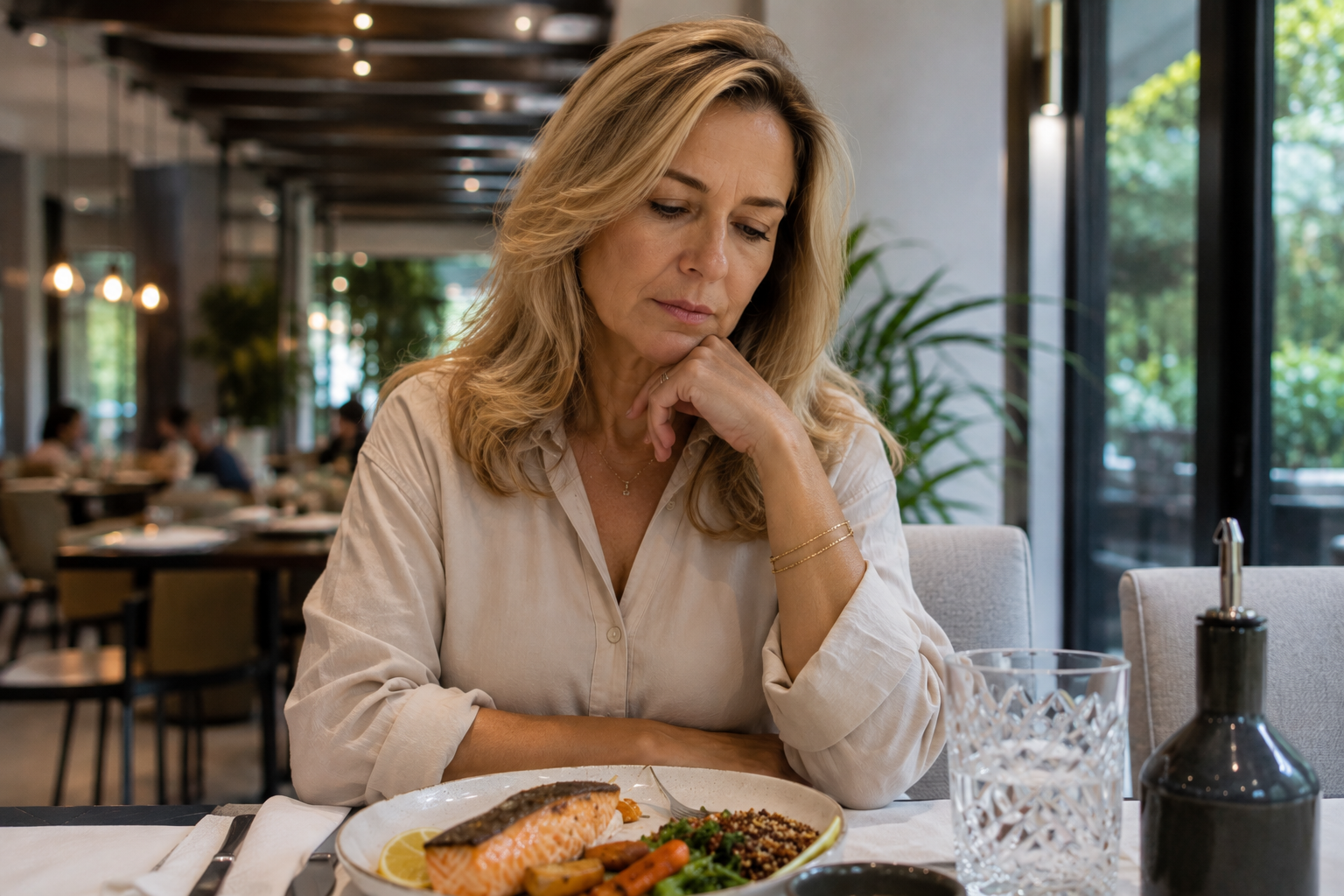 Mulher na menopausa refletindo sobre alimentação e impacto da dieta restritiva na queda de cabelo