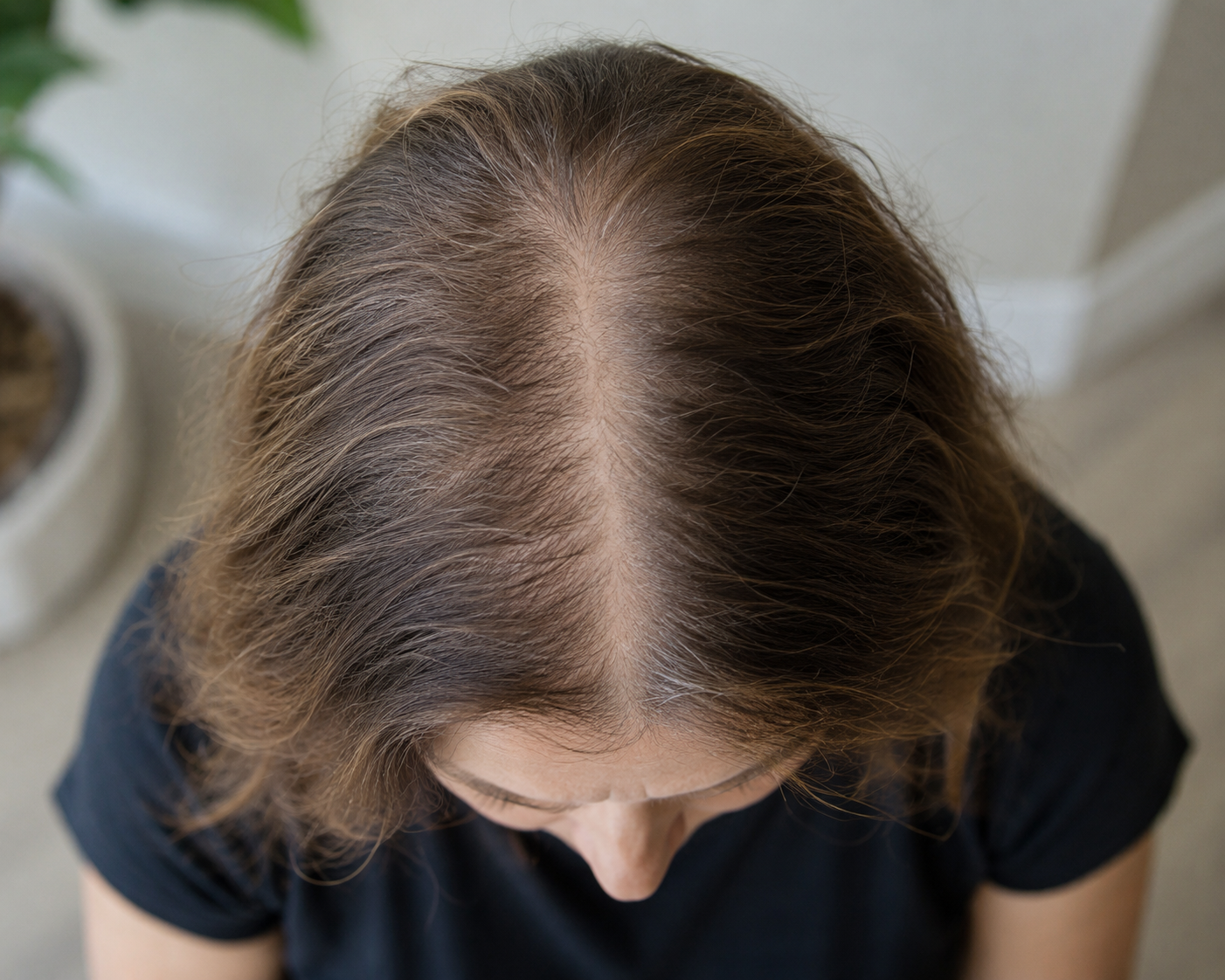 Risca aberta no couro cabeludo revelando queda difusa e alopecia androgenética feminina na menopausa