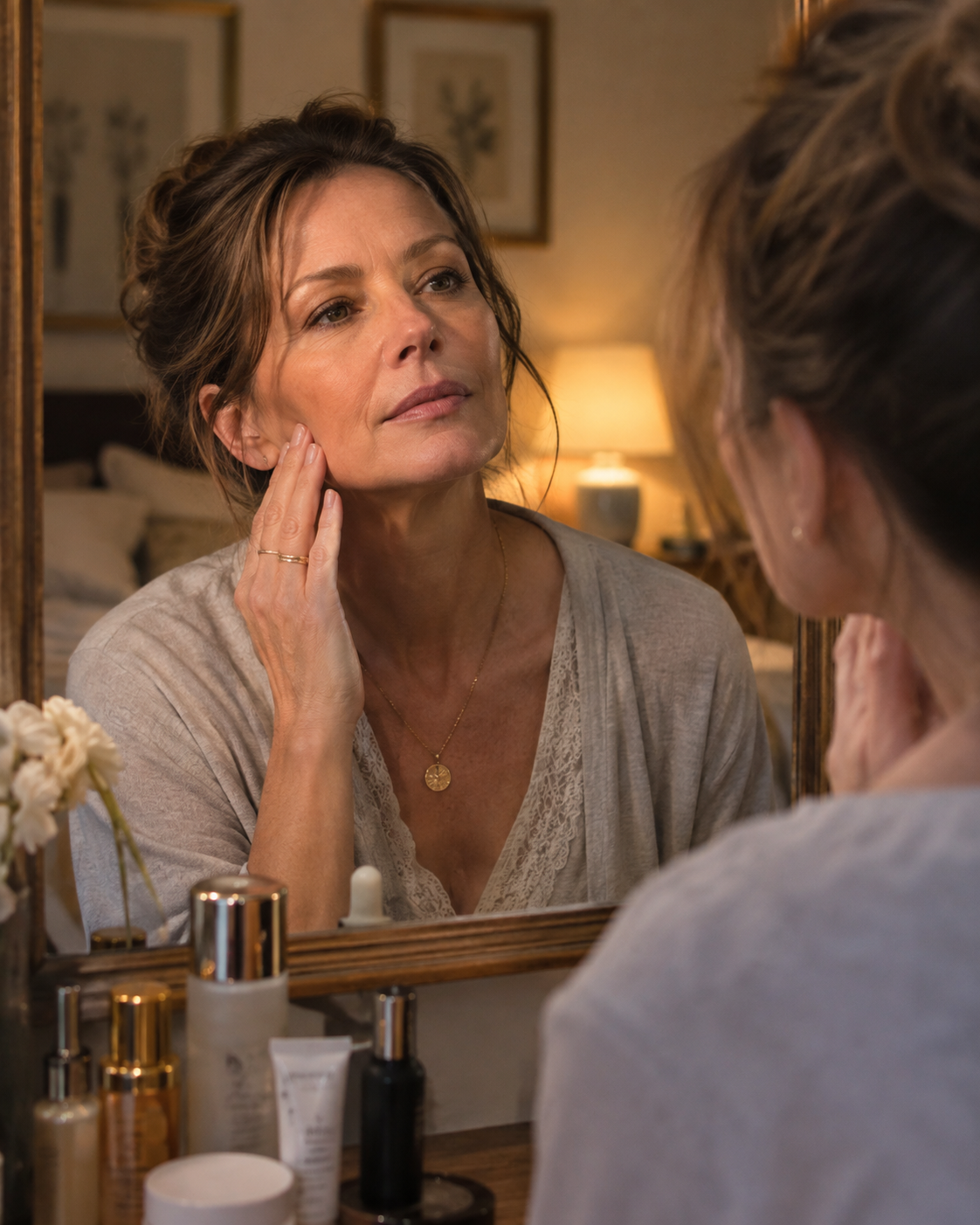 Mulher na perimenopausa observando primeiros sinais de afinamento do cabelo antes da menopausa ser confirmada