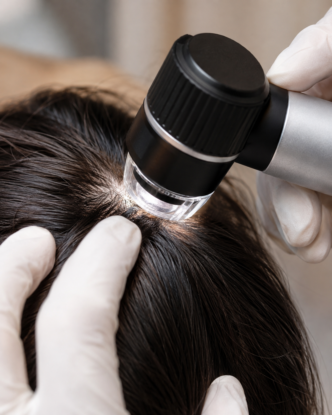 Tricoscopia mostrando couro cabeludo com alterações de textura e sensibilidade na menopausa