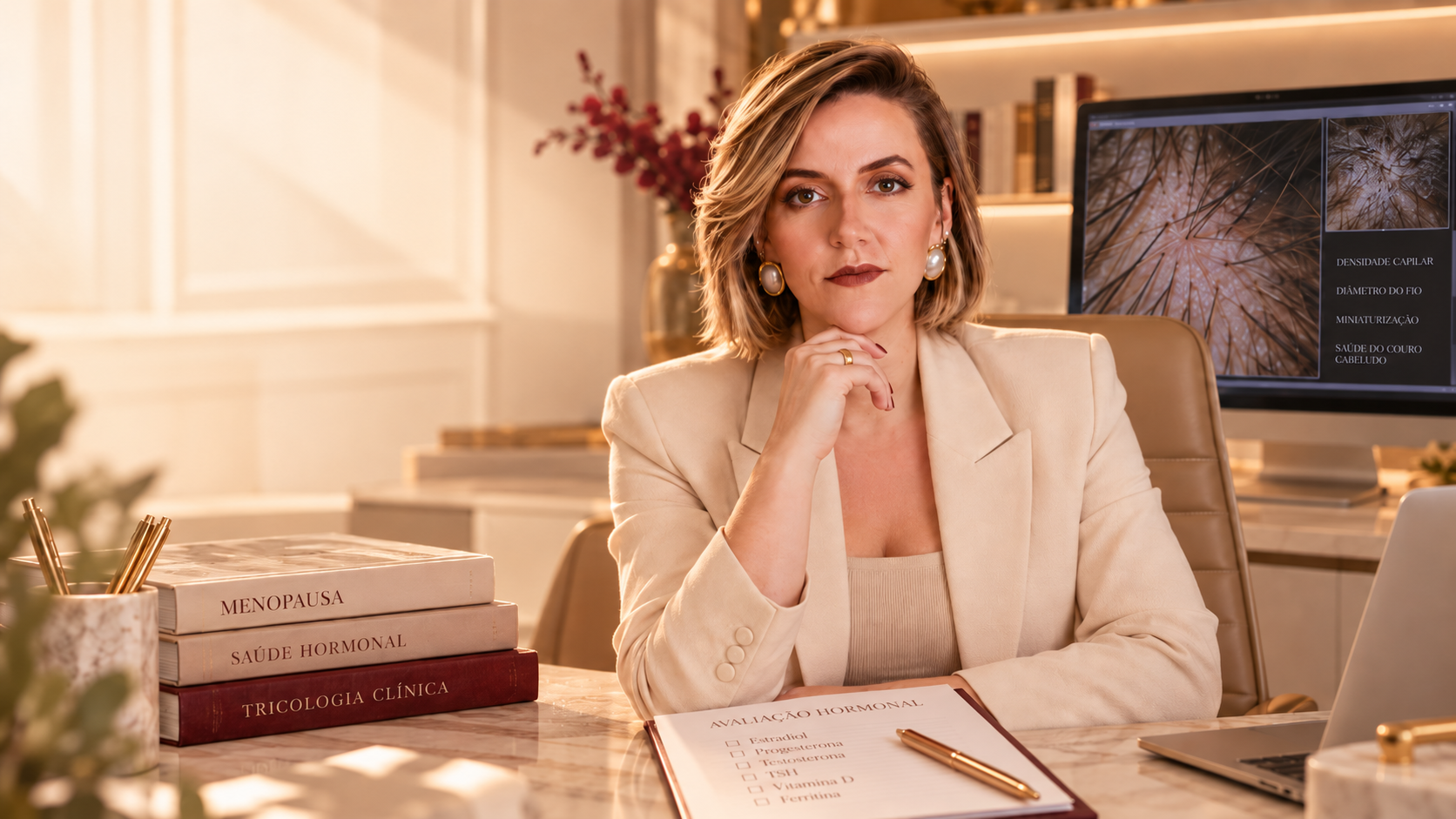 Médica tricologista em consultório com exames hormonais, livros sobre menopausa e imagens de tricoscopia para avaliação da queda de cabelo feminina.